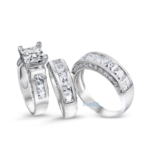 NEW STERLING SILVER HIS HERS PRINCESS DIAMOND WEDDING RINGS ENGAGEMENT R… - Picture 2 of 5